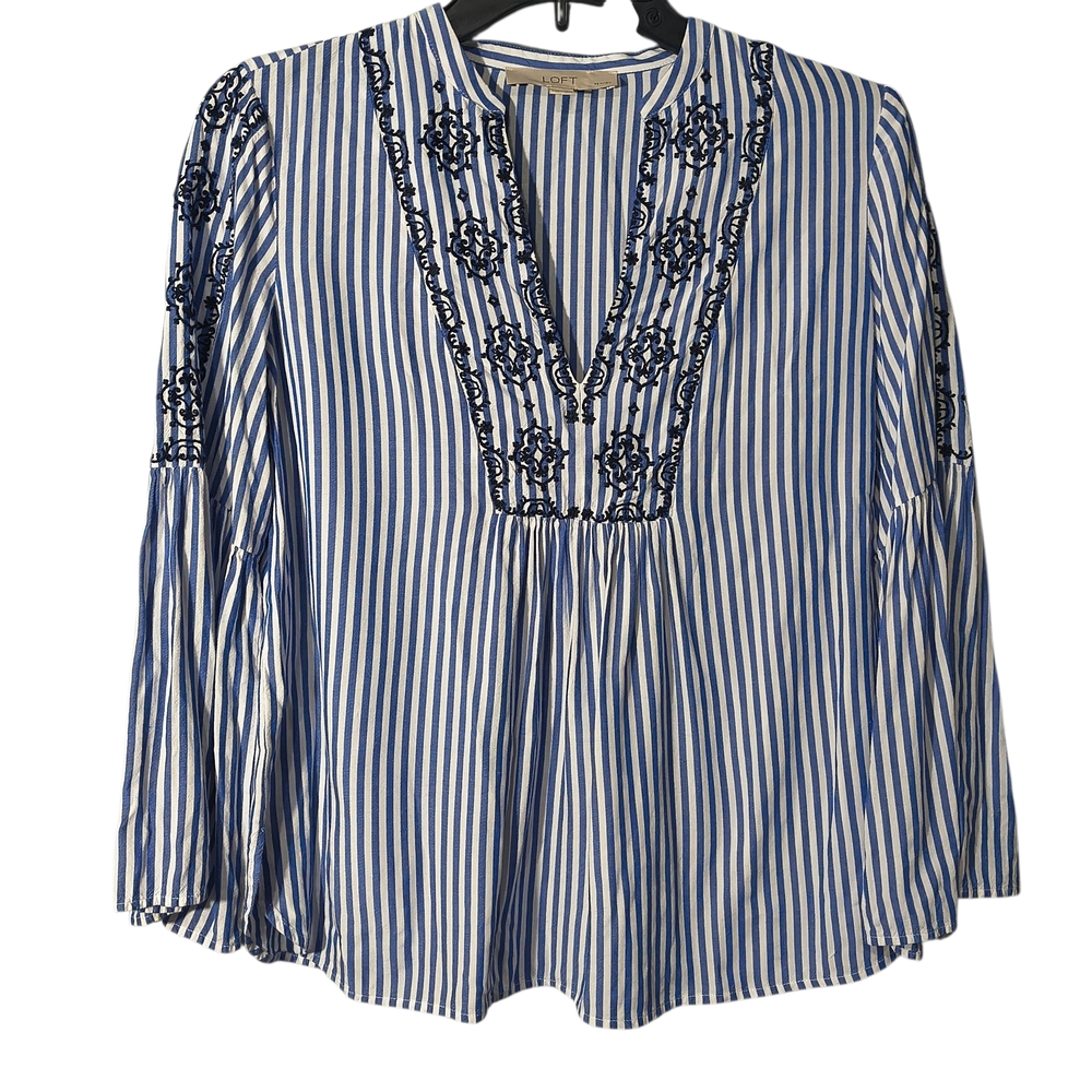 LOFT XSP Blue and White Striped Blouse Embroidery Bell Sleeve Boho Beach Hippie